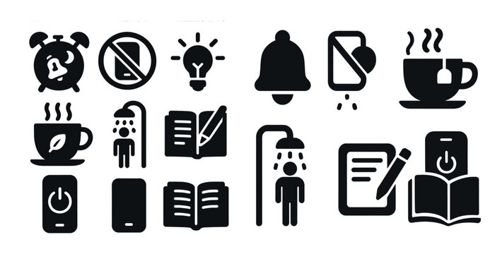 Collection of icons that represent various activities and objects, such as a book, a phone, a cup, and a shower