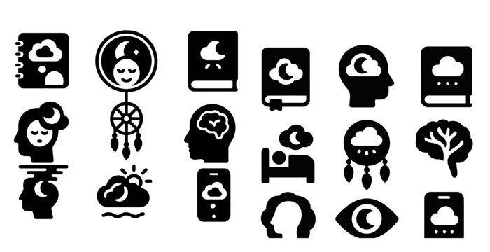 Collection of black and white icons, including a book, a person, a phone, a computer, a clock, a tree, a cloud, and a person sleeping