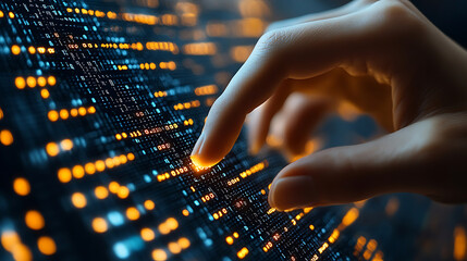 Hand Interacting with Glowing Binary Code Data Stream on Digital Screen