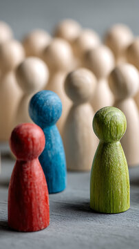 Red Blue Green Figures Standing Out From Crowd people wooden