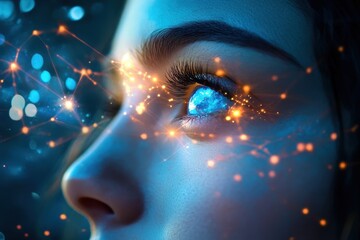 Poster - Glowing stars and geometric patterns surround a woman's eye reflecting Earth in a cosmic setting, glowing stars and earth and geometric figures over woman's eye