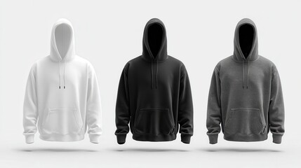 Poster - Set of white, black and grey folded hoodies mockup isolated on white background. Generative AI.