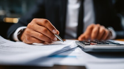 Poster - Close Up Of A Businessman With Documents At Desk Doing Calculations, no logos, no brands
