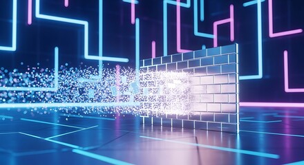 Poster - A digital wall being breached by particles with neon lines in the background and reflective floor