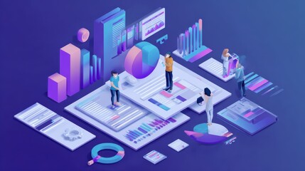 Poster - Isometric IT specialists working with charts on content marketing landing page. Business analysis, content strategy and management concept. Blue violet background. Vector 3d isometric illustration., 
