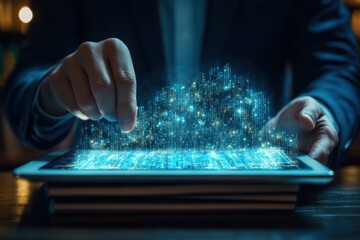 Poster - Businessman engages in digital innovation while working with a tablet indoors at a modern office setting, businessman using a digital tablet, working with documents
