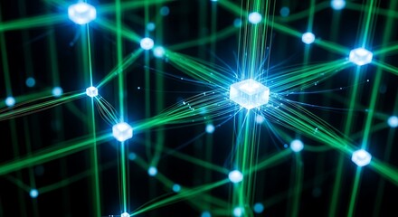 Poster - Abstract glowing network with green lines and blue nodes connecting in a dark background
