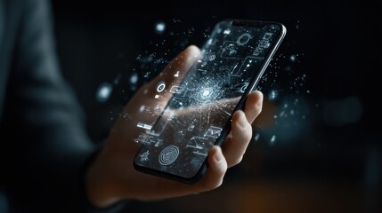 Poster - Person holding smartphone with holographic digital interface displaying artificial intelligence and technology icons in a dark setting