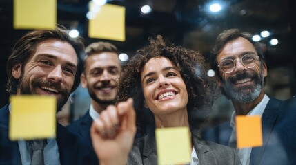 Poster - Group of businesspeople brainstorming, putting sticky note on glass, no logos, no brands