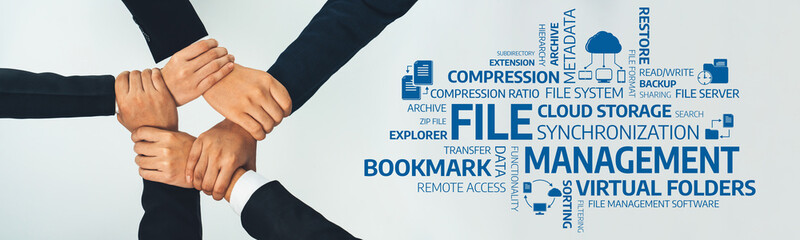 Poster - Diverse hands come together to symbolize collaboration in cloud file management and synchronization, enhancing efficiency and data organization in modern work environments. Amity