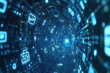 Poster - Medical icons illustrate digital transformation in healthcare through a blue technological tunnel, medical icons over blue digital tunnel