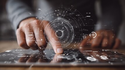 Poster - top view of businessman hand working with modern technology and digital layer effect as business strategy concept, no logos, no brands