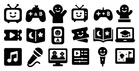 Poster - Collection of icons for various media and entertainment devices, including a microphone, a television, a video game controller, and a book