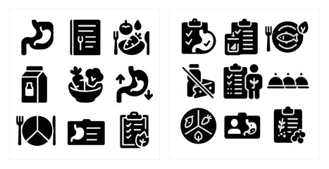 Poster - The image is a collection of food and health related icons. The icons include a fork, knife, and spoon, as well as a bowl, a plate, and a cup. There are also icons for a stomach, a person