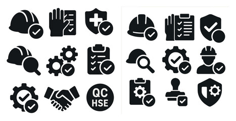 Poster - Set of icons that include a handshake, a safety helmet, a QCC certificate, and a safety harness