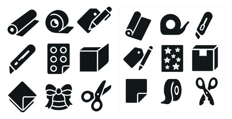 Leinwandbilder - Set of black and white icons for office supplies. The icons include scissors, tape, a box, a pen, a ruler, and a stapler