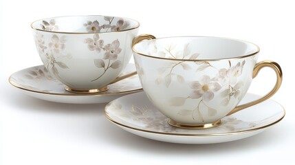 Poster - a set of matching tea cups on a white isolated background, delicate and elegant design