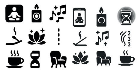 Leinwandbilder - Collection of icons for various activities and objects, including a cup, a chair, a clock, a candle, a book, a laptop, a phone, a person, a pillow, a remote, a bed, a bedside table, a