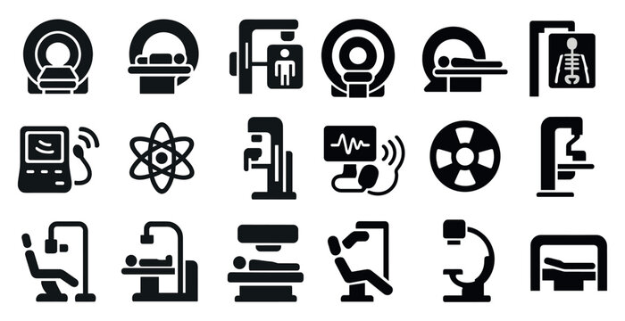 Collection of medical icons including a CT scan, MRI, and X-ray. The icons are all black and white