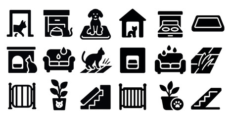 Poster - Collection of black and white icons for various household items, including a couch, a dog, a cat, a dog house, a bed, a plant, a staircase, and a television