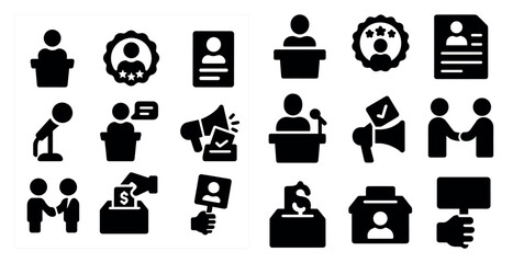 Poster - Set of black and white icons that represent various political and social issues. The icons include a microphone, a podium, a voting box, a sign, and a person shaking hands