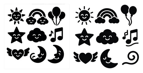 Poster - Set of black and white cartoon characters, including a smiling moon, a smiling star, a smiling cloud, and a smiling heart. Scene is cheerful and lighthearted