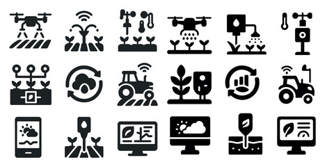 Poster - Collection of farm-related icons, including a tractor, a drone, and a computer monitor