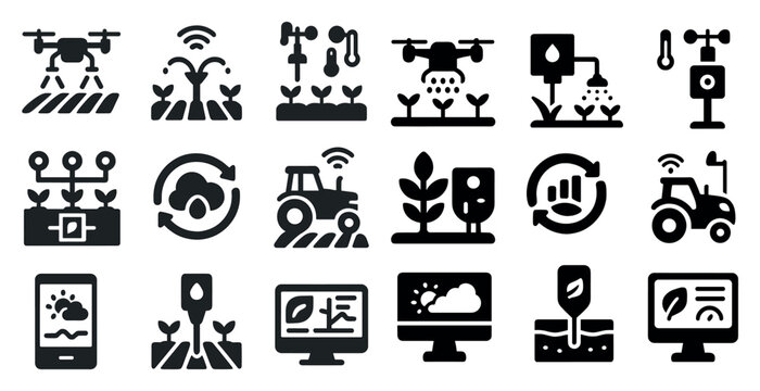 Collection of farm-related icons, including a tractor, a drone, and a computer monitor