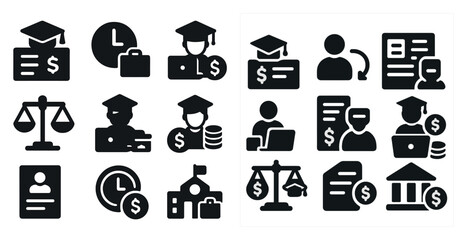 Poster - Set of black and white icons that represent various professions and financial transactions. The icons include a graduation cap, a briefcase, a laptop, a book, a clock, a building, a bank, a court