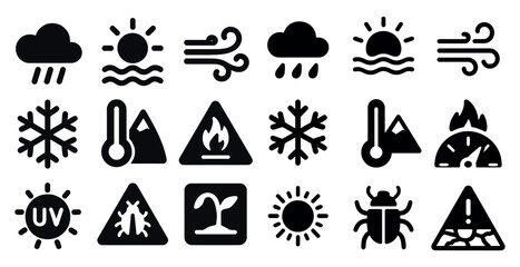 Poster - Collection of weather icons including a sun, rain, snow, and wind. The icons are all black and white