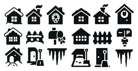 Poster - Collection of house icons, including a house with a wreath on the door, a house with a mailbox, and a house with a snowman on the roof