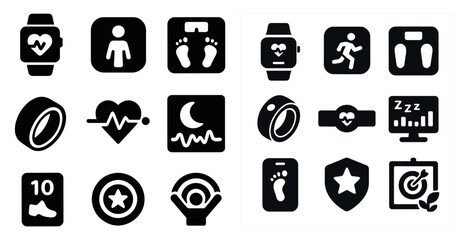 Poster - Collection of fitness and health icons. The icons include a heart, a watch, a foot, a star, and a shield