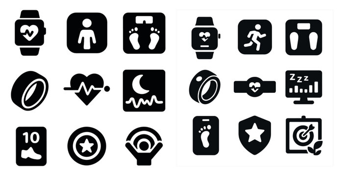 Collection of fitness and health icons. The icons include a heart, a watch, a foot, a star, and a shield