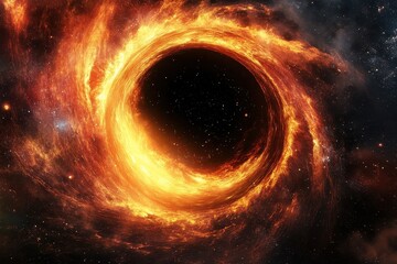 Poster - Exploration of a black hole surrounded by fiery cosmic phenomena in the vast universe, black hole abstract computer generated