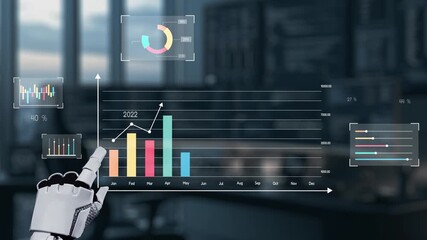 Poster - A futuristic robot hand interacts with a digital graph in a modern office. The graph showcases economic trends and projections for the years 2022 to 2026, reflecting analysis and growth. Auvana