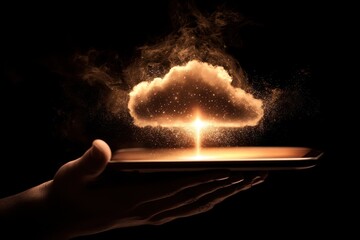 Aufkleber - person holding tablet with glowing cloud symbol during evening in dark environment, holding a tablet