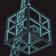 Poster - Glowing Cyan Wireframe Cube Hovers in a Dark Background A Complex 3D Design Element