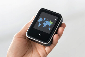 Poster - Hand holding travel gadget with world map on screen for global navigation and international connection