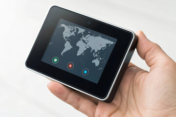 Poster - Hand holding smart home device with world map interface for iot and automation technology display