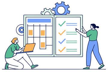 Agile software project management with scrum board interface, visual task tools, and integration processes for fast development, modern flat illustration style