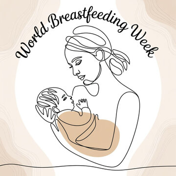 World Breastfeeding Week banner. Young woman and newborn baby. Mother holding child. continuous single one  Line art beige concept, vector illustration on white background.