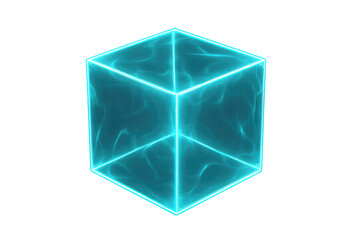 Aufkleber - Turquoise cube with glowing edges rotating slowly on a transparent background, perfect for visual effects and motion graphics