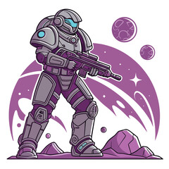 Poster - Funny cartoon illustration of an alien and astronaut in space with a monster zombie soldier character