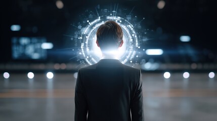 Poster - Businessman in Shadowy Room Engages with Glowing Digital Projection