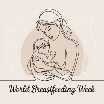 World Breastfeeding Week banner. Young woman and newborn baby. Mother holding child. continuous single one  Line art beige concept, vector illustration on white background.