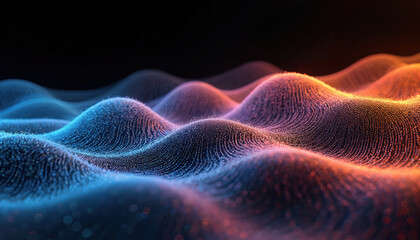 Poster - Abstract 3D render of flowing waves, illuminated by vibrant blue, orange light. Tiny particles form undulating surfaces, creating mesmerizing, iridescent gradient effect against dark, minimalist