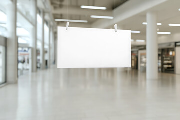 Aufkleber - Suspended Sign Mockup: A blank, rectangular sign hangs by clips in a bright, modern interior, ready for custom message or advertisement.