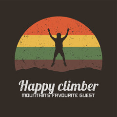 Poster - Mountain climb. Jumping happy man on rock top. Retro 60s, 70s label