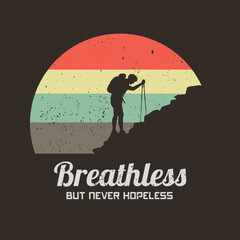 Sticker - Man climbs on mountain. Climbing with trekking poles. 60s, 70s label
