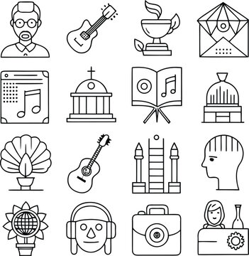 Collection of black and white line art icons symbol
